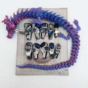 Luxury Dragon Ring Press-On Nails | Rhinestone 3D Flower | Long Coffin